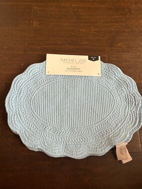 Rachel Zoe Set Of 6 Scalloped Edged  Quilted Placemats New Blue Oval